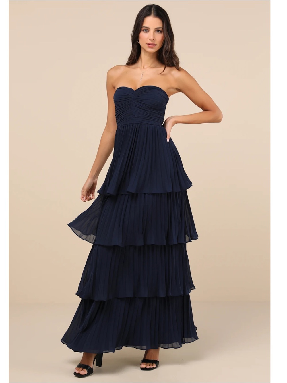 Lulus Seriously Sensational Navy Blue Strapless Tiered Pleated Chiffon Maxi S